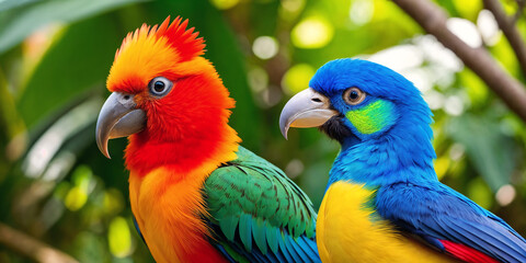 Obraz premium Two colorful tropical birds in jungle on a sunny day. Rainforest illustration with beautiful birdies among exotic plants with big leaves. Background with pristine nature landscape. Generative AI