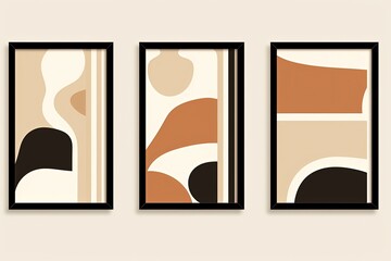 three art prints poster framed hanging on wall decor collection set, beige brown earth tone color, Generative Ai