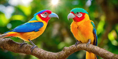 Two colorful tropical birds in jungle on a sunny day. Rainforest illustration with beautiful birdies among exotic plants with big leaves. Background with pristine nature landscape. Generative AI