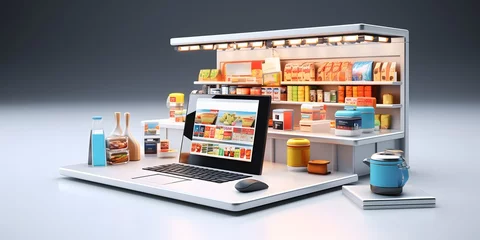 Fotobehang 3d supermarket laptop isolated white background 3d image © Jing