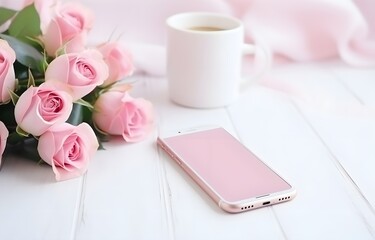 Obraz na płótnie Canvas beautiful peony flowers and phone on light wooden table for freelancing business card decor