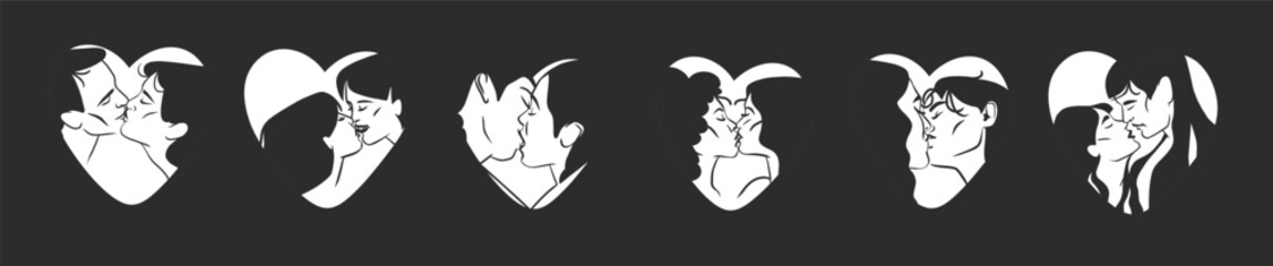 Hand drawn vector abstract graphic illustration Valentines day design,with drawing kissing couple in heart silhouette.Love couple kissing,couple together.Valentines day love beautiful design concept.