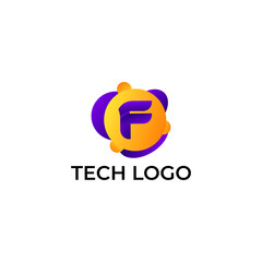 ILLUSTRATION LETTER F WITH GRADIENT ORANGE PURPLE COLOR CIRCLE DOT TECH LOGO ICON TEMPLATE DESIGN VECTOR