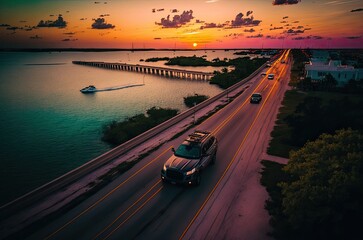 Scenic Drive Along Miami's Waterfront at Sunset Generative AI