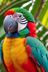 Obraz premium Colorful tropical ara parrot in jungle on a sunny day. Rainforest illustration with bright beautiful macaw among exotic plants with big leaves. Background with pristine nature landscape. Generative AI