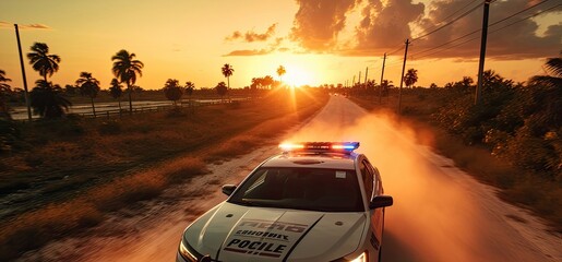 Police Car Racing Against the Sunset on a Dusty Miami Highway Generative AI - obrazy, fototapety, plakaty