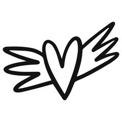 Heart sign love with wings. Black color outline style vector art