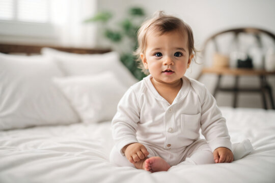 Baby wearing white shirt bodysuit mockup, at white bed background. Design onesie template, print presentation mock-up. AI Generative