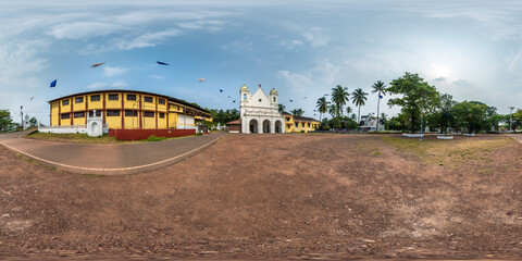 full hdri 360 panorama of portugese catholic church in jungle among palm trees in Indian tropic village in equirectangular projection with zenith and nadir. VR AR content