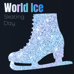 World Ice Skating Day illustration. Cartoon vector illustration of shiny sparkly white ice skate on dark  background - obrazy, fototapety, plakaty