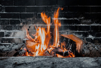 Burning firewood in fire-box of fireplace in country cottage. Rustic cooking oven with burning logs.