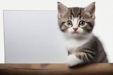 kitten on white background with blank white banner