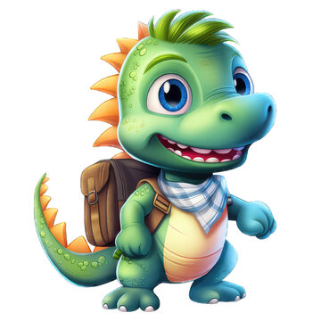 Cute green dinosaur with backpack back to school
