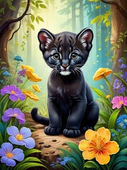 Painting of a cute baby black panther, Ai