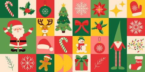 Christmas icons elements with geometric pattern. Vector flat design for poster card, wallpaper, poster, banner, packaging. Merry Christmas and Happy New year background.