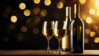 Wine bottles with wine glasses on glowing dark background with copy space