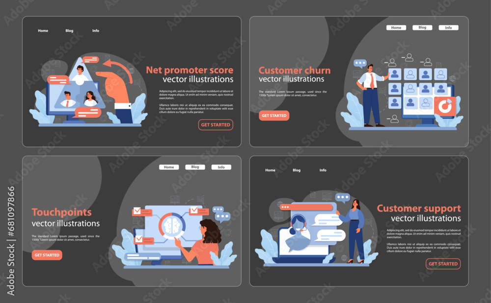 Aufkleber customer journey set. insights on net promoter score, analysis of customer churn, mapping touchpoint