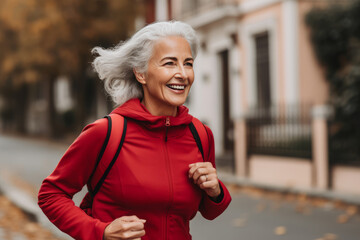 Active positive elderly gray-haired woman on a morning jog in the city