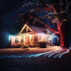 Enchanting Glow: Long Exposure Capture of Vibrant Christmas Lights, generative AI