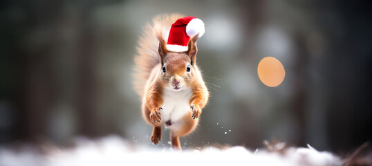 Cute squirrel with Santa's hat on running, jumping in the snow, daytime in the winter woods.