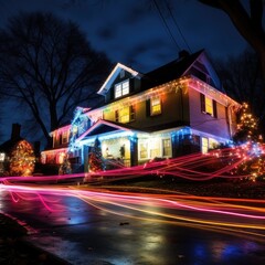 Obraz premium Enchanting Glow: Long Exposure Capture of Vibrant Christmas Lights, generative AI