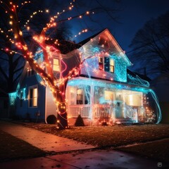 Enchanting Glow: Long Exposure Capture of Vibrant Christmas Lights, generative AI