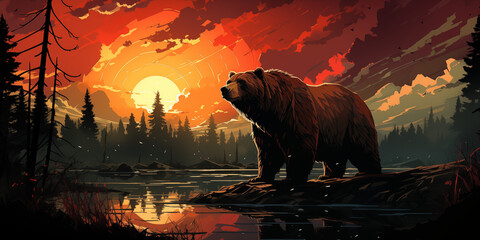 bear in the forest sunset digital art wallpaper