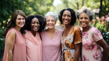 Women day. Happy women of all ages and race together, smiling and hugging each other. Diversity  - obrazy, fototapety, plakaty