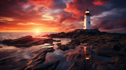lighthouse at sunset in the beach - Powered by Adobe