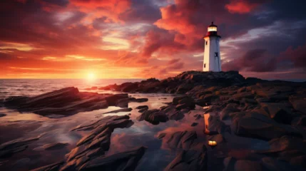 Keuken spatwand met foto lighthouse at sunset in the beach © Love Mohammad