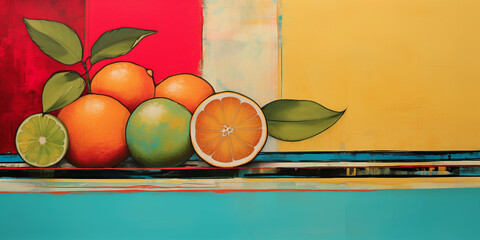 Still life background with fruit, oranges, grapefruit and lemon. With copy space - 681099484