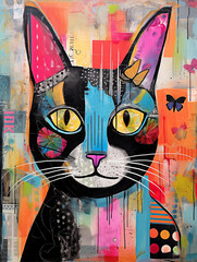 A patchwork collage of a abstract cat. A assemblage of textured elements. Vibrant colours	 - 681099632
