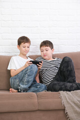 Close up of two cute boys using smartphone, looking at screen, childs holding phone in hands, sitting on couch at home , playing mobile device game, watching cartoons online.