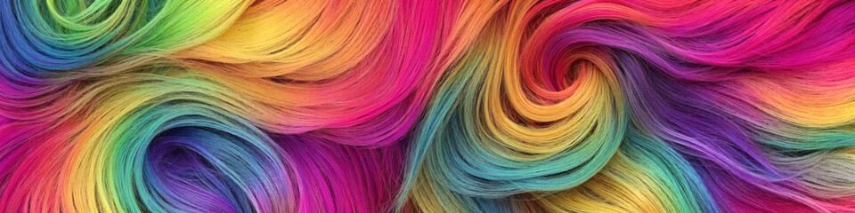 Background made of strands of colorful hair. Horizontal banner of colored threads. Generative AI - obrazy, fototapety, plakaty