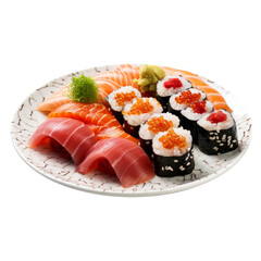 Sushi on white plate isolated on transparent background. AI generated.
