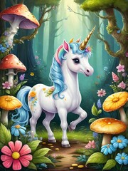 Painting of a beautiful unicorn in the forest, Ai