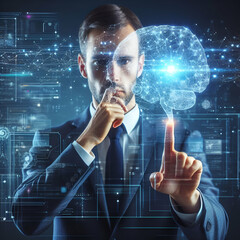 AI Artificial Intelligence. Business man using AI technology for data analysis, coding computer language with digital brain, machine learning on virtual screen, business intelligence