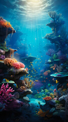 Fototapeta na wymiar Underwater world with corals and tropical fish. Sunlight breaks through the surface of the water.
