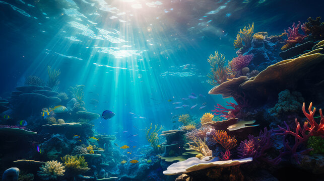 Underwater world with corals and tropical fish. Sunlight breaks through the surface of the water.
