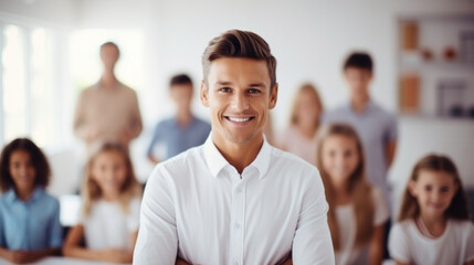 Smiling teacher in a white shirt against the background of students in the classroom.