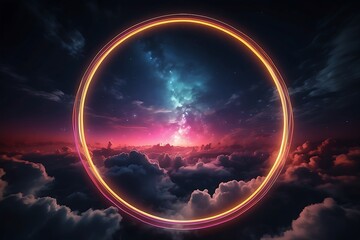 Abstract background with glowing neon circle in the night sky and clouds