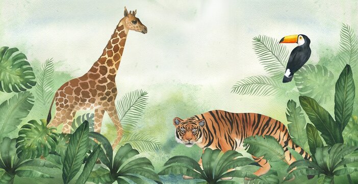 Watercolor green background, jungle and plants, tiger, giraffe and toucan. Banner or border for children wallpaper