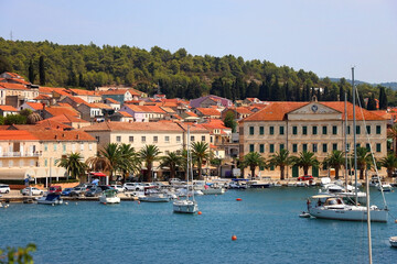 Obraz premium Promenade in Vela Luka, picturesque small town on island Korcula, Croatia.