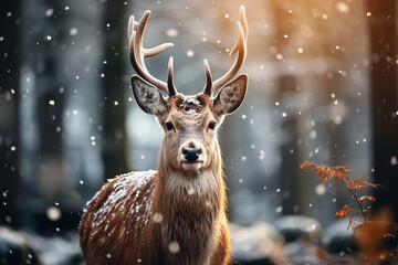 Deer in the forest with snowy