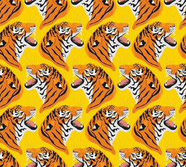 Tigers with open mouth. Seamless animal pattern on a bright yellow background. Print, vector illustration