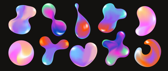 Collection of Y2K elements for design in futuristic style. Set of vector abstract geometric shapes with shiny holographic effect	