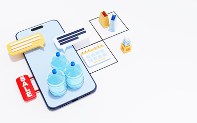 Bottled water delivery service, mobile app concept, 3d render