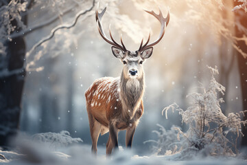 Naklejka na ściany i meble Deer in the forest with snowy