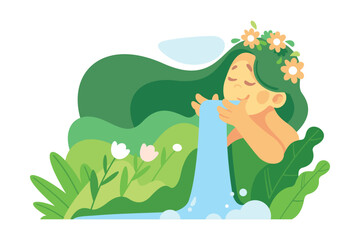 Ecology with Woman Character with Green Hair and Waterfall as Sustainable Lifestyle Vector Illustration