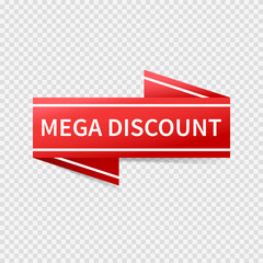Mega Discount red ribbon, tag, label, sticker. Ribbon sale badge, banner, price tag. Vector illustration.